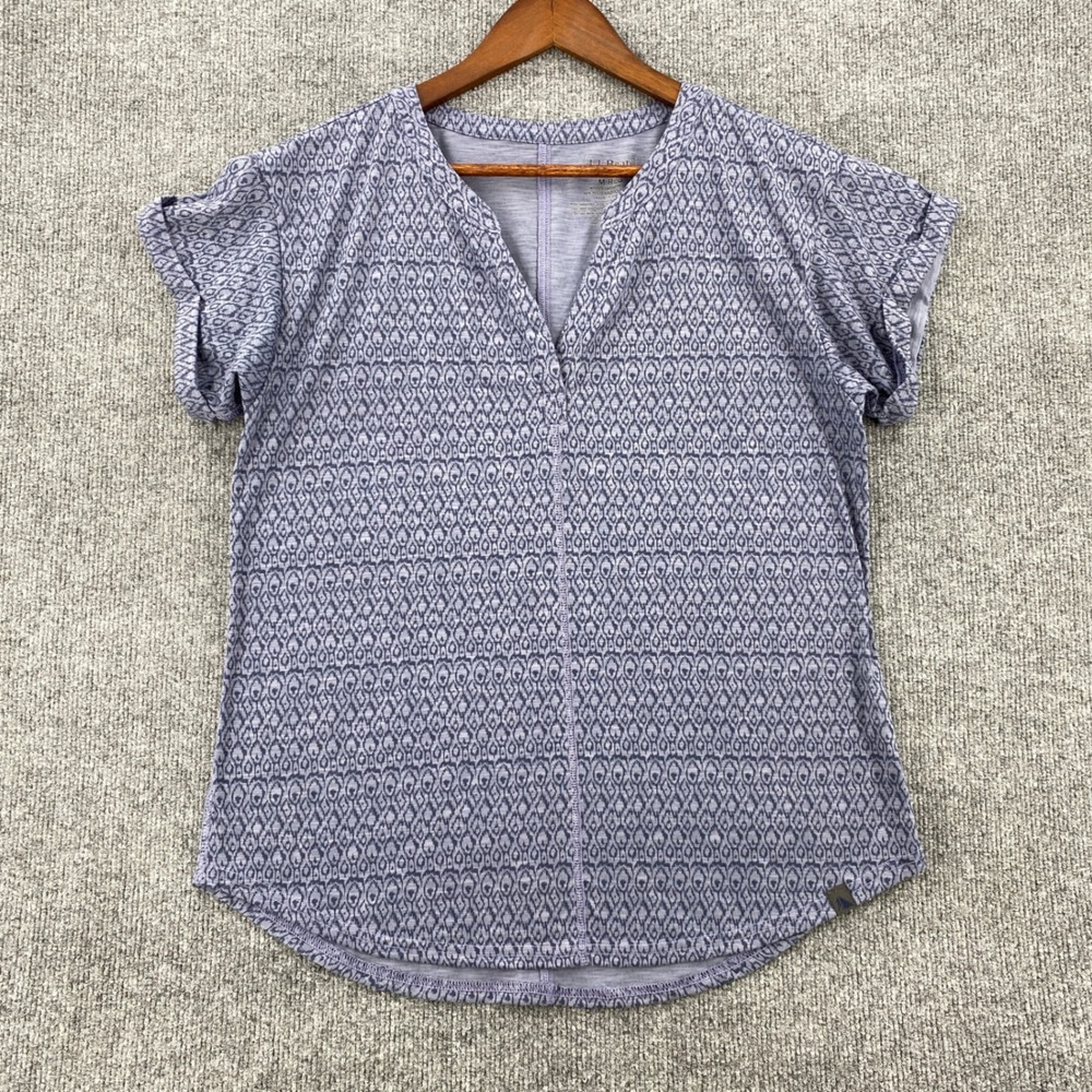 LL Bean V-Neck Short Sleeve Top Womens Medium Purple Geometric Boho Casual